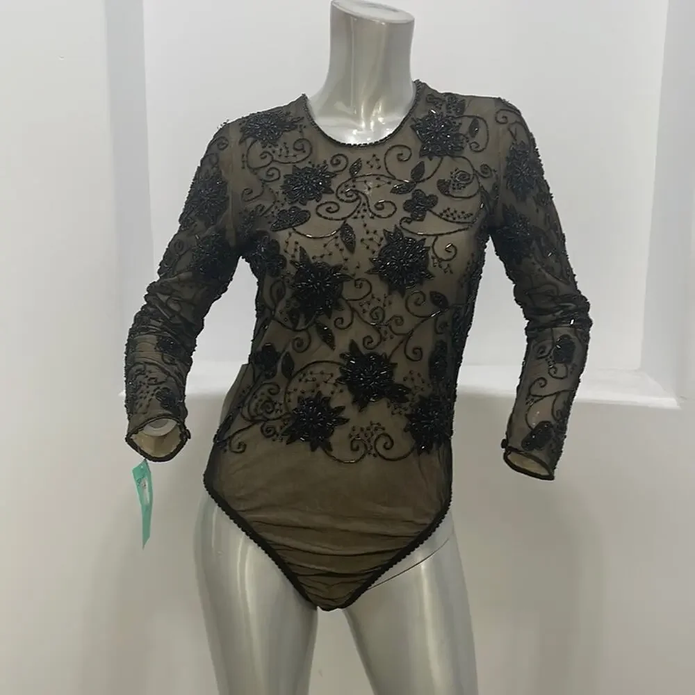 Bob Mackie Special Occasion Beaded Long Sleeve  Bodysuit Black Size S - Picture 10 of 14